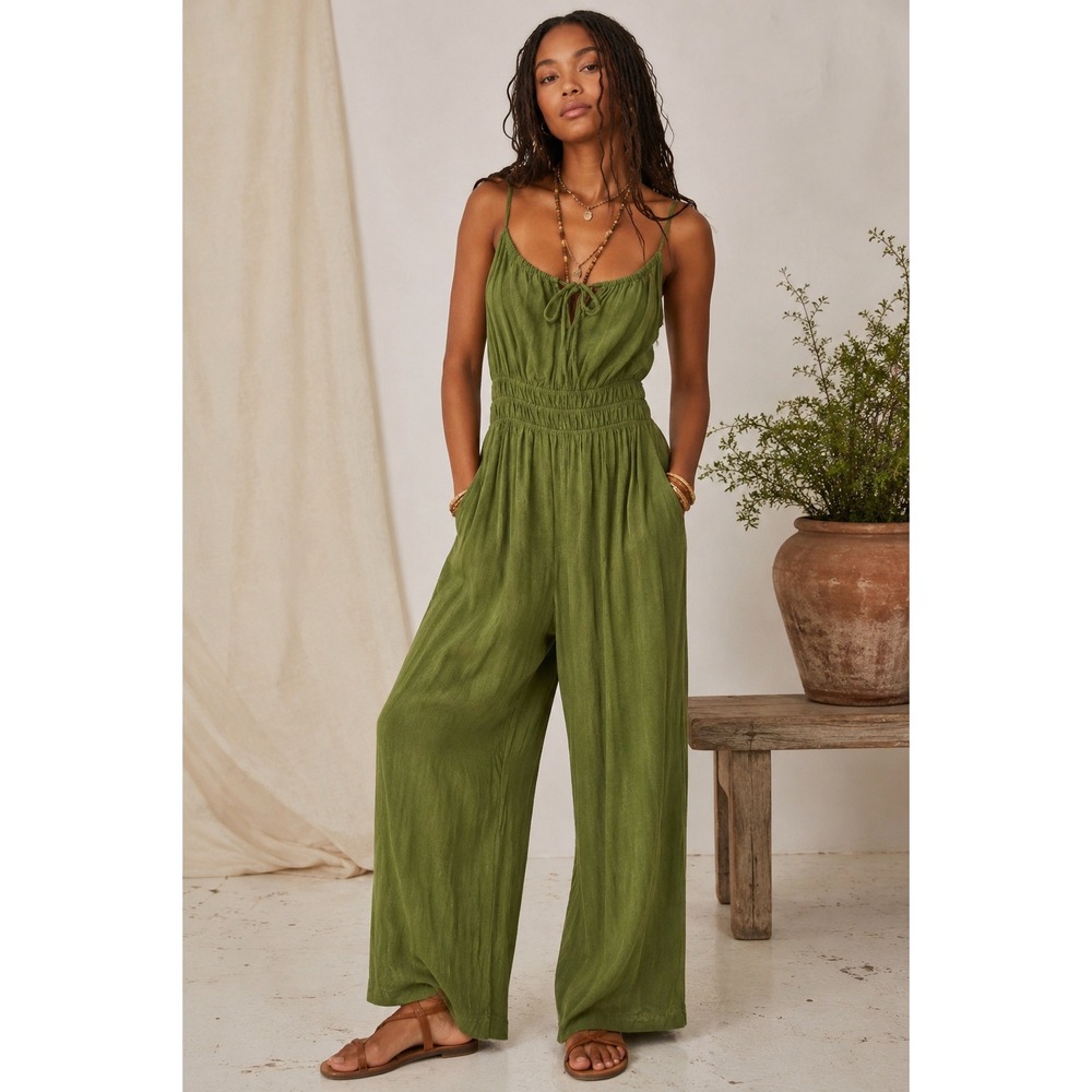 Monteau LA‎ Olive Green Linen Blend Wide Leg Jumpsuit Tie Front Size Small